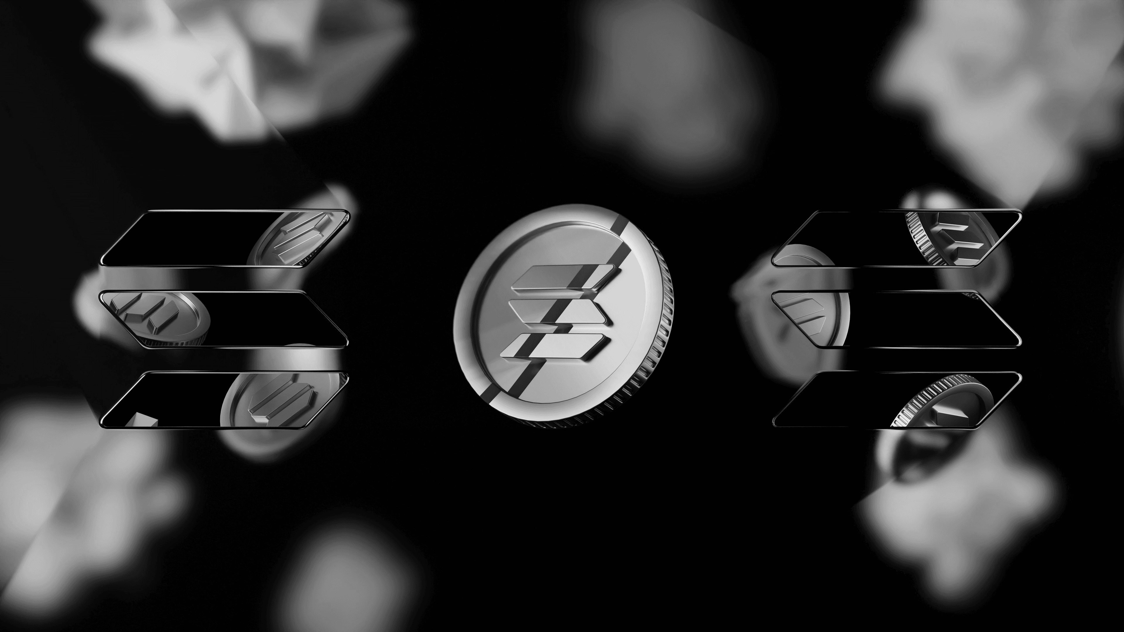 Solana (SOL) cryptocurrency logo and coin in a 3D black and white render